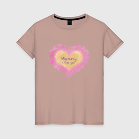 Женская футболка хлопок с принтом Кружевное, акварельное сердце для мамы. 