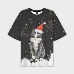 Мужская футболка OVERSIZE 3D с принтом Новогодний Черный кот в кружке в Новосибирске,  |  | зима | кот | котенок | котик | котики | кошка | новогодняя | новый год | рождество | тепло