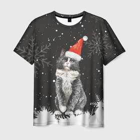Мужская футболка 3D с принтом Новогодний Черный кот в кружке в Екатеринбурге, 100% полиэфир | прямой крой, круглый вырез горловины, длина до линии бедер | зима | кот | котенок | котик | котики | кошка | новогодняя | новый год | рождество | тепло