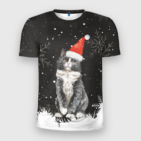 Мужская футболка 3D Slim с принтом Новогодний Черный кот в кружке в Екатеринбурге, 100% полиэстер с улучшенными характеристиками | приталенный силуэт, круглая горловина, широкие плечи, сужается к линии бедра | Тематика изображения на принте: зима | кот | котенок | котик | котики | кошка | новогодняя | новый год | рождество | тепло