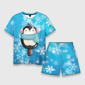 Мужской костюм с шортами 3D с принтом Пингвин   эскимо. Новый год ,  |  | Тематика изображения на принте: зима | мороженое | новый год | рождество | эскимо