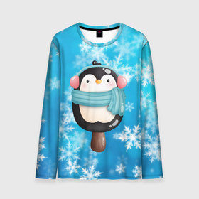 Мужской лонгслив 3D с принтом Пингвин   эскимо. Новый год в Курске, 100% полиэстер | длинные рукава, круглый вырез горловины, полуприлегающий силуэт | зима | мороженое | новый год | рождество | эскимо