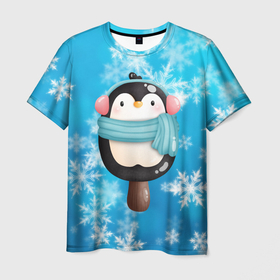 Мужская футболка 3D с принтом Пингвин   эскимо. Новый год в Тюмени, 100% полиэфир | прямой крой, круглый вырез горловины, длина до линии бедер | зима | мороженое | новый год | рождество | эскимо