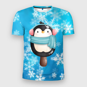 Мужская футболка 3D Slim с принтом Пингвин   эскимо. Новый год , 100% полиэстер с улучшенными характеристиками | приталенный силуэт, круглая горловина, широкие плечи, сужается к линии бедра | зима | мороженое | новый год | рождество | эскимо