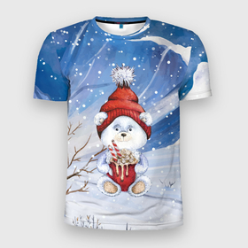 Мужская футболка 3D Slim с принтом Медвежонок  2022 новогодний в Петрозаводске, 100% полиэстер с улучшенными характеристиками | приталенный силуэт, круглая горловина, широкие плечи, сужается к линии бедра | Тематика изображения на принте: 2022 | медвежонок | новогодний | новый год | рождество