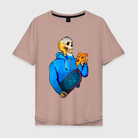 Мужская футболка хлопок Oversize с принтом Крутой Скилет АРТ в Кировске, 100% хлопок | свободный крой, круглый ворот, “спинка” длиннее передней части | арт | молодежно | пицца | подросток | скейт | скилет | стиль | череп