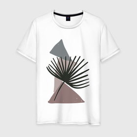 Мужская футболка хлопок с принтом Лист на абстрактном фоне в Санкт-Петербурге, 100% хлопок | прямой крой, круглый вырез горловины, длина до линии бедер, слегка спущенное плечо. | абстракция | геометрическая | лист | пастельные цвета | природа | растение | треугольники | тропический