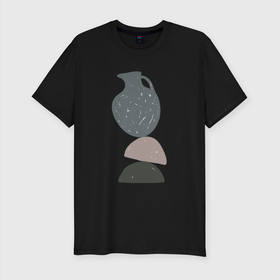 Мужская футболка хлопок Slim с принтом Кувшин на камнях в равновесии , 92% хлопок, 8% лайкра | приталенный силуэт, круглый вырез ворота, длина до линии бедра, короткий рукав | абстракция | камни | кувшин | натюрморт | пастельные цвета | равновесие