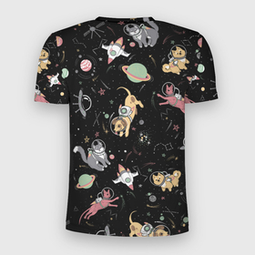 Мужская футболка 3D Slim с принтом Космические  коты в Курске, 100% полиэстер с улучшенными характеристиками | приталенный силуэт, круглая горловина, широкие плечи, сужается к линии бедра | галактика | космические | кот | коты | питомцы | скафандр | собака