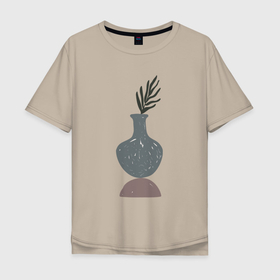 Мужская футболка хлопок Oversize с принтом Ваза с растением на камне в Тюмени, 100% хлопок | свободный крой, круглый ворот, “спинка” длиннее передней части | абстракция | ваза | камень | кувшин | лист | листья | натюрморт | пастельные цвета | равновесие | растение