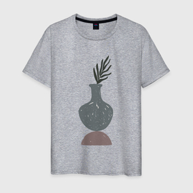Мужская футболка хлопок с принтом Ваза с растением на камне , 100% хлопок | прямой крой, круглый вырез горловины, длина до линии бедер, слегка спущенное плечо. | абстракция | ваза | камень | кувшин | лист | листья | натюрморт | пастельные цвета | равновесие | растение