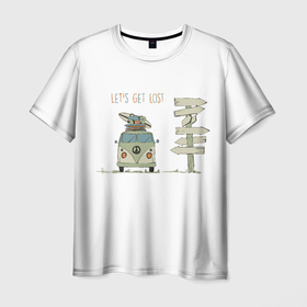 Мужская футболка 3D с принтом Lets  get lost в Тюмени, 100% полиэфир | прямой крой, круглый вырез горловины, длина до линии бедер | let’s set lost | vanlife | автодом | автомобиль ретро | ванлайф | давай вместе | давай заблудимся | давай потеряемся | путешествия | туризм