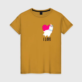 Женская футболка хлопок с принтом llama   i love в Курске, 100% хлопок | прямой крой, круглый вырез горловины, длина до линии бедер, слегка спущенное плечо | 14 февраля | lama | llama | love | валентин | день святого валентина | для двоих | лама | любимая | любимый | любовь | пара | парные | праздник