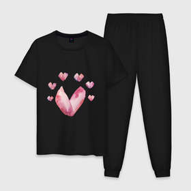 Мужская пижама хлопок с принтом Акварельные сердца в Курске, 100% хлопок | брюки и футболка прямого кроя, без карманов, на брюках мягкая резинка на поясе и по низу штанин
 | акварельные | день святого валентина | любовь | розовые | сердца