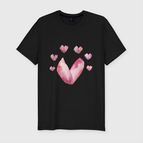 Мужская футболка хлопок Slim с принтом Акварельные сердца в Курске, 92% хлопок, 8% лайкра | приталенный силуэт, круглый вырез ворота, длина до линии бедра, короткий рукав | акварельные | день святого валентина | любовь | розовые | сердца
