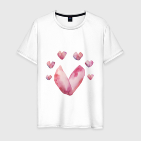 Мужская футболка хлопок с принтом Акварельные сердца в Екатеринбурге, 100% хлопок | прямой крой, круглый вырез горловины, длина до линии бедер, слегка спущенное плечо. | акварельные | день святого валентина | любовь | розовые | сердца