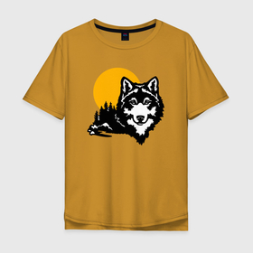 Мужская футболка хлопок Oversize с принтом Волк и солнце в Тюмени, 100% хлопок | свободный крой, круглый ворот, “спинка” длиннее передней части | Тематика изображения на принте: волк | горы | животные | звери | лес | природа | снег | солнце | тайга | хищник