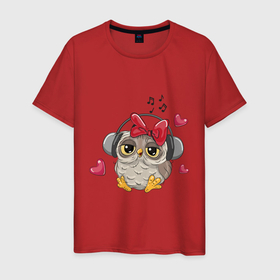 Мужская футболка хлопок с принтом Сова любит музыку в Тюмени, 100% хлопок | прямой крой, круглый вырез горловины, длина до линии бедер, слегка спущенное плечо. | дети | детские | животные | мило | музыка | мультфильм | птица | рисунок | сова
