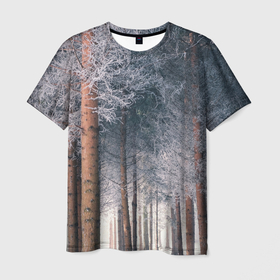 Мужская футболка 3D с принтом Зимний еловый лес в Белгороде, 100% полиэфир | прямой крой, круглый вырез горловины, длина до линии бедер | дерево | деревья | ели | ёлка | ёлки | ель | зима | зимний | лес | леса | природа | снег | снега