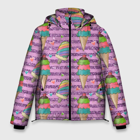 Мужская зимняя куртка 3D с принтом Радужное мороженое в Тюмени, верх — 100% полиэстер; подкладка — 100% полиэстер; утеплитель — 100% полиэстер | длина ниже бедра, свободный силуэт Оверсайз. Есть воротник-стойка, отстегивающийся капюшон и ветрозащитная планка. 

Боковые карманы с листочкой на кнопках и внутренний карман на молнии. | лето | мороженое | сладости | эскимо | ягодное