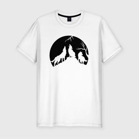 Мужская футболка хлопок Slim с принтом Три волка и луна в Новосибирске, 92% хлопок, 8% лайкра | приталенный силуэт, круглый вырез ворота, длина до линии бедра, короткий рукав | Тематика изображения на принте: волк | животные | звери | луна | природа