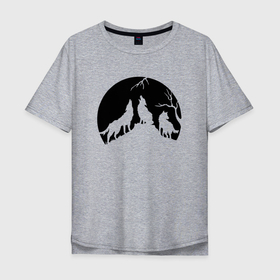 Мужская футболка хлопок Oversize с принтом Три волка и луна в Новосибирске, 100% хлопок | свободный крой, круглый ворот, “спинка” длиннее передней части | волк | животные | звери | луна | природа