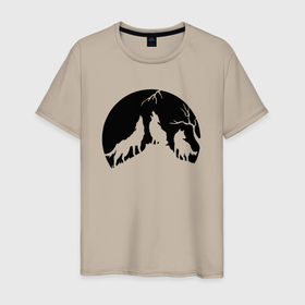 Мужская футболка хлопок с принтом Три волка и луна в Новосибирске, 100% хлопок | прямой крой, круглый вырез горловины, длина до линии бедер, слегка спущенное плечо. | Тематика изображения на принте: волк | животные | звери | луна | природа