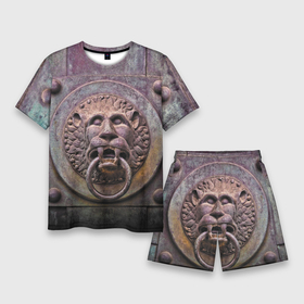 Мужской костюм с шортами 3D с принтом Lion gate в Екатеринбурге,  |  | ears | eyes | fangs | gate | jaw | lion | mane | metal | muzzle | ворота | грива | клыки | лев | металл | пасть | уши