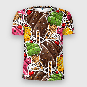 Мужская футболка 3D Slim с принтом Шоколадные сладости | Мороженое в Курске, 100% полиэстер с улучшенными характеристиками | приталенный силуэт, круглая горловина, широкие плечи, сужается к линии бедра | десерт | мороженое | сахар | сладости | шоколад | шоколадное