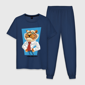 Мужская пижама хлопок с принтом Tiger   boss в Новосибирске, 100% хлопок | брюки и футболка прямого кроя, без карманов, на брюках мягкая резинка на поясе и по низу штанин
 | belt | boss | dude | ears | eyes | hype | muzzle | paws | shirt | tie | tiger | босс | галстук | глаза | ремень | рубашка | тигр | уши | хайп | чувак
