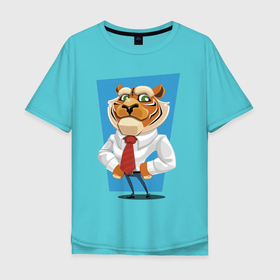 Мужская футболка хлопок Oversize с принтом Tiger   boss в Новосибирске, 100% хлопок | свободный крой, круглый ворот, “спинка” длиннее передней части | belt | boss | dude | ears | eyes | hype | muzzle | paws | shirt | tie | tiger | босс | галстук | глаза | ремень | рубашка | тигр | уши | хайп | чувак