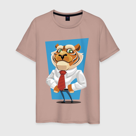 Мужская футболка хлопок с принтом Tiger   boss в Новосибирске, 100% хлопок | прямой крой, круглый вырез горловины, длина до линии бедер, слегка спущенное плечо. | belt | boss | dude | ears | eyes | hype | muzzle | paws | shirt | tie | tiger | босс | галстук | глаза | ремень | рубашка | тигр | уши | хайп | чувак