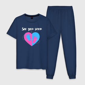 Мужская пижама хлопок с принтом See you soon в Курске, 100% хлопок | брюки и футболка прямого кроя, без карманов, на брюках мягкая резинка на поясе и по низу штанин
 | контур | надпись | сердце | следы | стопы