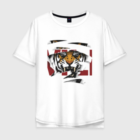 Мужская футболка хлопок Oversize с принтом Tiger inside в Петрозаводске, 100% хлопок | свободный крой, круглый ворот, “спинка” длиннее передней части | eyes | fangs | hype | moustache | muzzle | nose | rag | tiger | глаза | клыки | нос | рваньё | тигр | усы | хайп