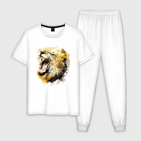 Мужская пижама хлопок с принтом Львиный раскатистый рык в Новосибирске, 100% хлопок | брюки и футболка прямого кроя, без карманов, на брюках мягкая резинка на поясе и по низу штанин
 | Тематика изображения на принте: fangs | grin | jaw | lion | mane | skin | грива | клыки | лев | оскал | пасть