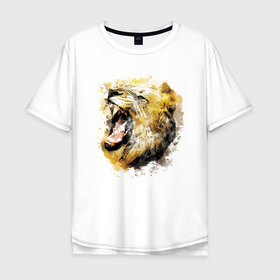 Мужская футболка хлопок Oversize с принтом Львиный раскатистый рык в Новосибирске, 100% хлопок | свободный крой, круглый ворот, “спинка” длиннее передней части | Тематика изображения на принте: fangs | grin | jaw | lion | mane | skin | грива | клыки | лев | оскал | пасть