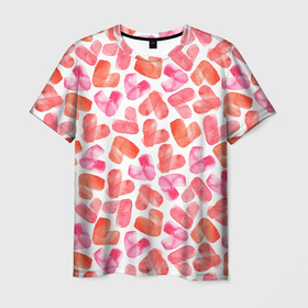 Мужская футболка 3D с принтом Акварельные сердца, паттерн в Санкт-Петербурге, 100% полиэфир | прямой крой, круглый вырез горловины, длина до линии бедер | Тематика изображения на принте: 14 февраля | акварель | акварельные | день влюбленных | день святого валентина | любовь | розовые | сердечки | сердца