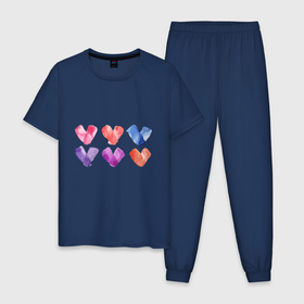 Мужская пижама хлопок с принтом Акварельные сердца разного цвета в Курске, 100% хлопок | брюки и футболка прямого кроя, без карманов, на брюках мягкая резинка на поясе и по низу штанин
 | 14 февраля | день влюбленных | день святого валентина | любовь | розовое | сердечки | сердца | сердце | синее | фиолетовые | цветные