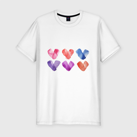 Мужская футболка хлопок Slim с принтом Акварельные сердца разного цвета в Петрозаводске, 92% хлопок, 8% лайкра | приталенный силуэт, круглый вырез ворота, длина до линии бедра, короткий рукав | 14 февраля | день влюбленных | день святого валентина | любовь | розовое | сердечки | сердца | сердце | синее | фиолетовые | цветные