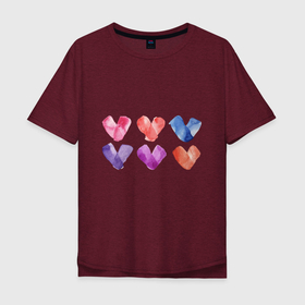 Мужская футболка хлопок Oversize с принтом Акварельные сердца разного цвета в Курске, 100% хлопок | свободный крой, круглый ворот, “спинка” длиннее передней части | 14 февраля | день влюбленных | день святого валентина | любовь | розовое | сердечки | сердца | сердце | синее | фиолетовые | цветные