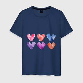 Мужская футболка хлопок с принтом Акварельные сердца разного цвета в Петрозаводске, 100% хлопок | прямой крой, круглый вырез горловины, длина до линии бедер, слегка спущенное плечо. | Тематика изображения на принте: 14 февраля | день влюбленных | день святого валентина | любовь | розовое | сердечки | сердца | сердце | синее | фиолетовые | цветные