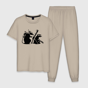 Мужская пижама хлопок с принтом Мыши с гранатометом. Banksy в Белгороде, 100% хлопок | брюки и футболка прямого кроя, без карманов, на брюках мягкая резинка на поясе и по низу штанин
 | banksy | война | гранатомет | лондон | мыши | улицы
