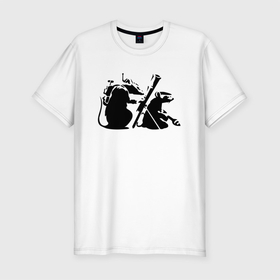 Мужская футболка хлопок Slim с принтом Мыши с гранатометом. Banksy в Тюмени, 92% хлопок, 8% лайкра | приталенный силуэт, круглый вырез ворота, длина до линии бедра, короткий рукав | banksy | война | гранатомет | лондон | мыши | улицы