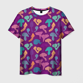 Мужская футболка 3D с принтом Психоделические грибы паттерн , 100% полиэфир | прямой крой, круглый вырез горловины, длина до линии бедер | грибы | лес | неоновый | паттерн | природа | психоделические | фиолетовый