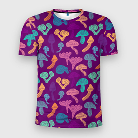 Мужская футболка 3D Slim с принтом Психоделические грибы паттерн в Кировске, 100% полиэстер с улучшенными характеристиками | приталенный силуэт, круглая горловина, широкие плечи, сужается к линии бедра | грибы | лес | неоновый | паттерн | природа | психоделические | фиолетовый
