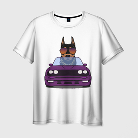 Мужская футболка 3D с принтом Собака за рулем в Кировске, 100% полиэфир | прямой крой, круглый вырез горловины, длина до линии бедер | водитель | гонка | дорога | крутой | машина | очки | прикольные | собака | собака за рулем | фиолетовый