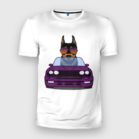 Мужская футболка 3D Slim с принтом Собака за рулем в Петрозаводске, 100% полиэстер с улучшенными характеристиками | приталенный силуэт, круглая горловина, широкие плечи, сужается к линии бедра | водитель | гонка | дорога | крутой | машина | очки | прикольные | собака | собака за рулем | фиолетовый