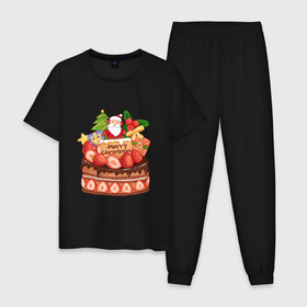 Мужская пижама хлопок с принтом Санта кейк в Тюмени, 100% хлопок | брюки и футболка прямого кроя, без карманов, на брюках мягкая резинка на поясе и по низу штанин
 | Тематика изображения на принте: арт | иллюстрация | мороз | санта | тортик