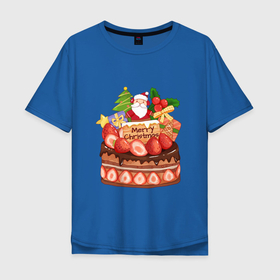 Мужская футболка хлопок Oversize с принтом Санта кейк в Тюмени, 100% хлопок | свободный крой, круглый ворот, “спинка” длиннее передней части | Тематика изображения на принте: арт | иллюстрация | мороз | санта | тортик
