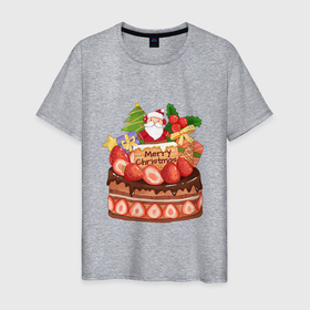 Мужская футболка хлопок с принтом Санта кейк в Тюмени, 100% хлопок | прямой крой, круглый вырез горловины, длина до линии бедер, слегка спущенное плечо. | арт | иллюстрация | мороз | санта | тортик